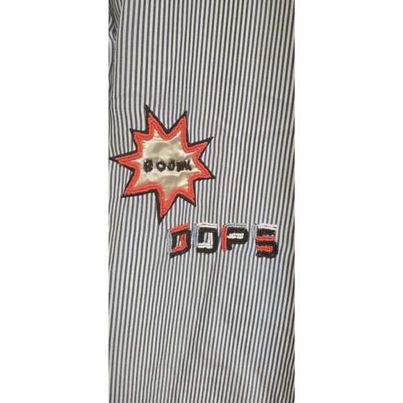 Mo & Co long sleeve blue striped button down dress with patches and beadwork - Picture 4 of 7